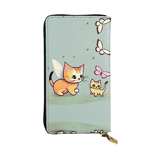 Leather Wallet 7.48 x 4.13 in - Stylish and Durable Wallet for Women with Multiple Compartments and Zipper Design Kitten Butterfly Pattern