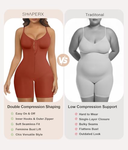 Image of SHAPERX Women's Shapewear Bodysuit Tummy Control Seamless Zip-Up Body Shaper Waist Defining Silhouette