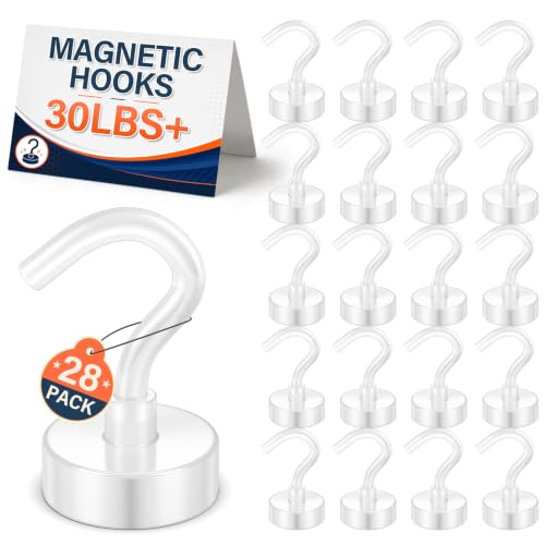 Image of FINDMAG 30LB+ Magnetic Hooks, 28Pack Heavy Duty Magnets with Hooks, White