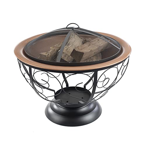 Blue Sky Outdoor Living 29” Round Fire Pit With Porcelain Enamel Fire Bowl, Spark Screen, And Lift, Decorative Outdoor Fire Pit, Bronze #TOP2