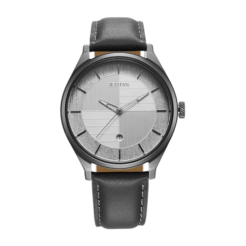 Titan Neo Economy Quartz Analog with Date Silver Dial Grey Leather Strap Watch for Men - NT1802QL01