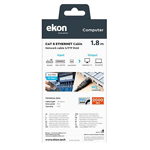 Ekon Cavo Da Rete, Cavo Lan, Categoria 8, 1.8 M, Connettori RJ45, Ethernet, Per Pc, Telefono Fisso, Laptop, Modem, Macbook - 5