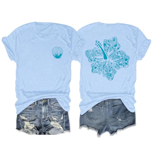 Image of Hawaiian T Shirts for Women Oversized Aesthetic Hibiscus Flower Beach Shirt Teens Preppy Tropical Graphic Tee Tops