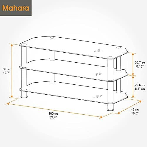 mahara Glass Corner TV Stand - TV Floor Stand Max 50 Inch TV - TV Mount Stand Max 45kg TV - Chrome Effect Modern TV Stand - Tempered Safety Glass TV Stand - Black TV Stand L100cm x D42cm x H50cm