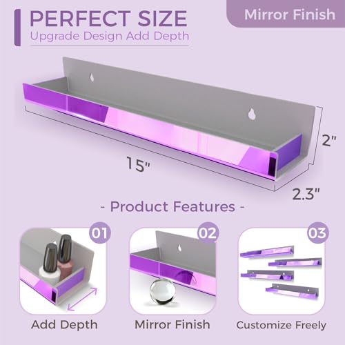 Image of 4 Pack 15 Inch Purple Reflective Acrylic Floating Wall Shelves | Modern Display Shelf for Sunglasses, Oils, Pictures & Toy Storage Decor