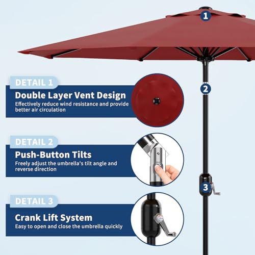 10Ft Patio Umbrella - 8 Sturdy Ribs Outdoor Table Umbrella with Crank Lift & Push Button Tilt - Market Umbrella for Pool, Deck, Yard, Garden - Red