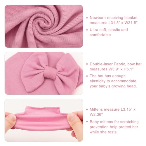 Image of BQUBO Newborn Receiving Blankets Cotton Warm Sleepsack with Mittens & Bow Hats Hospital Baby Swaddling Shower Gift