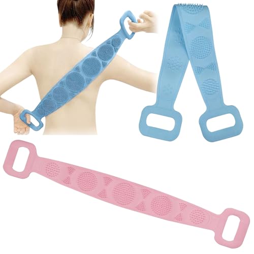 Maxentico Cepillo Espalda Ducha(2Pcs), Exfoliante Corporal Cinturón para Frotar en la Ducha, Silicona Cuerpo Cinta para Lavarse Banda, Toalla de Masaje para Baño, para Limpiar, Exfoliación, Masajee