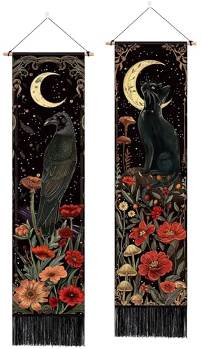 2 Pack Witchy Gothic Wall Decor, Black Cat and Crow Tapestry 12.8x51.2 in
