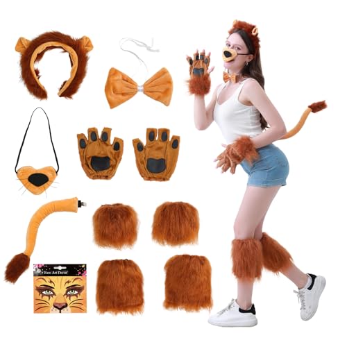 Dozesheep Lion Halloween Costume Set Animal Costume Cosplay Accessories Headband Gloves Face Sticker Dress Up for Women