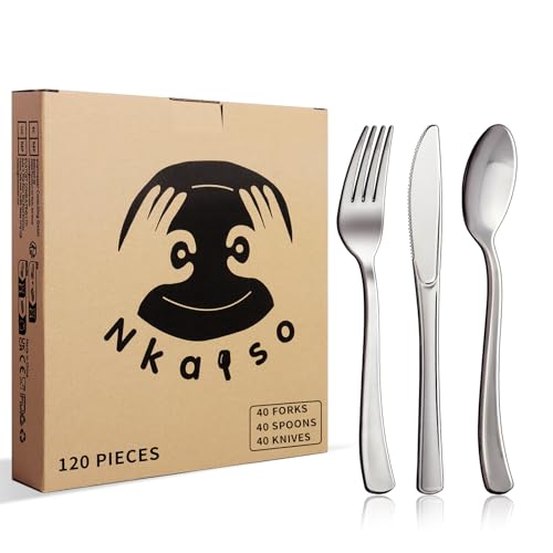Nkaiso 120 Piezas Vajilla de fiesta, Juego de Cubiertos de Plata Reutilizable, 40 Tenedores, Cuchillos, Cucharas, Cubiertos de Fiesta, Adecuado Para Fiestas Campamentos Barbacoas