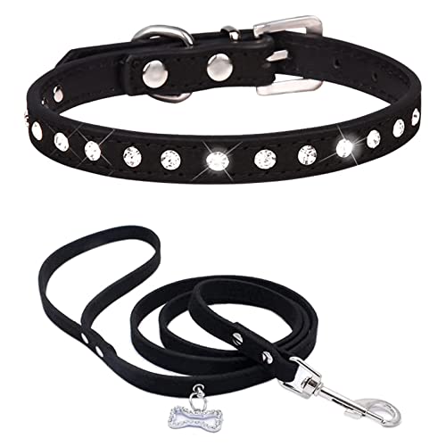 HALFSUMO Collare Cane in Morbida Pelle Scamosciata Collari per Cani con Borchie Scintillanti con Strass per Animali Domestici Cuccioli Gatti Cani Combo Set con Guinzaglio Nero S