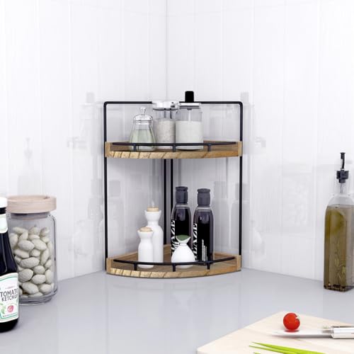 Image of Dorhors 2-Tier Bathroom Counter Organizer,Vanity Counter Corner Shelf, Skincare, Wood Countertop Bathroom Storage and Organization for Kitchen (Brown)