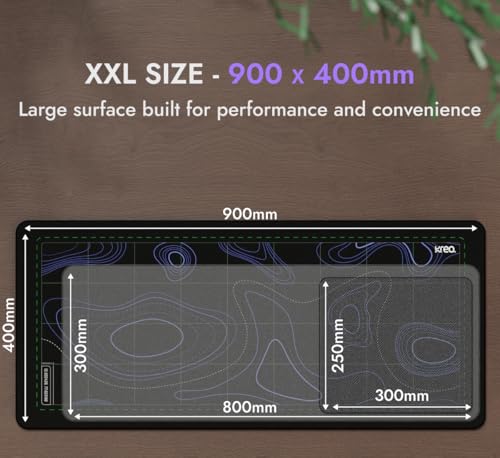 Image of Kreo Terra XXL Deskmat Premium Glass - Smooth Surface, 4mm Cushioned Base, Anti-Fray Stitched Edges - 900x400mm Large Desk Pad for Gaming & Work (Topographic)