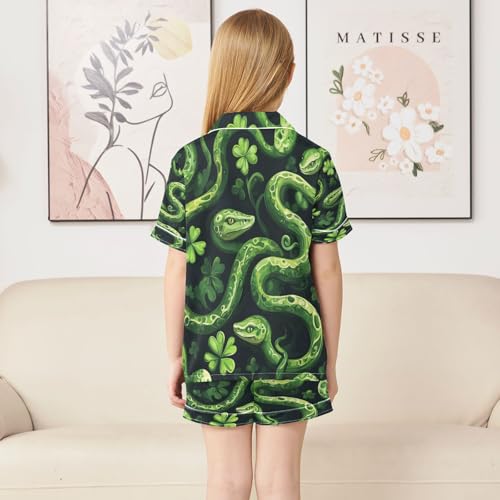 Satin Pajama Sets Short Sleeve Green Snakes Pattern Button Down Silky Nightwear 2 Piece PJS 5-14Y4