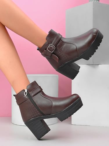 Image of XE Looks Fashionable & Trendy Block Heel Ankle Boots for Women with Buckle Detail and Zipper Closure, Ideal for Casual and Dressy Outfits for Women & Girls