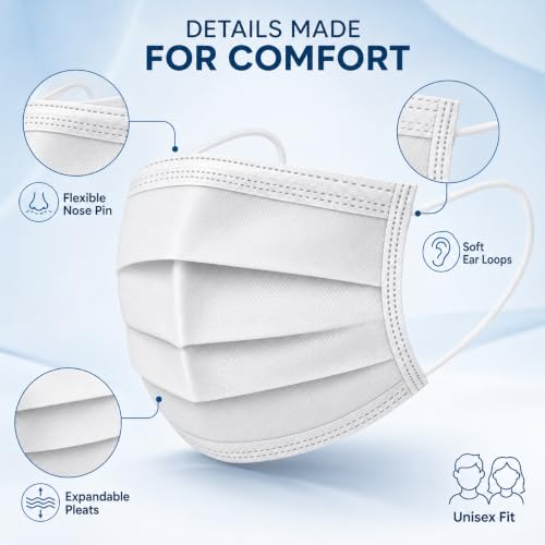 Image of Pack of 100 Disposable 3-Ply Face Mask | Soft on Skin | With Elastic Earloops and Nose Clip | Great For Office, School, Home, Kitchen and Outdoors | Unisex