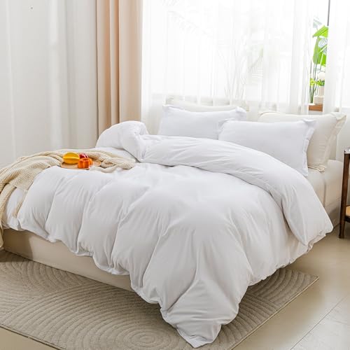 Image of SheRest White Duvet Cover Queen Size - Soft Brushed Microfiber, 3 Pieces, 1 Duvet Cover 90x90 Inches with Zipper Closure 8 Ties & 2 Pillow Shams, Breathable Bedding Set for All Season (No Comforter)