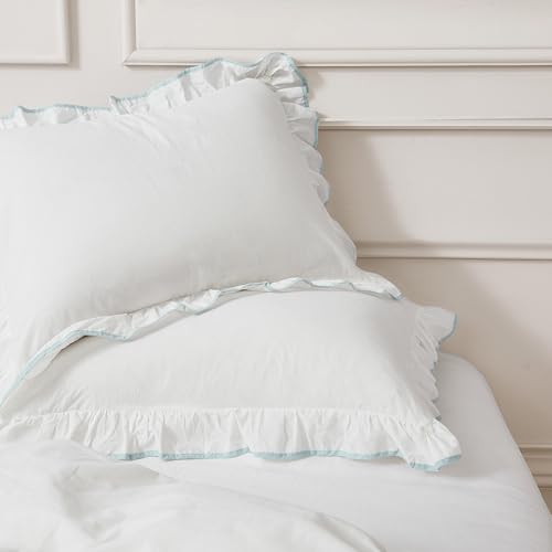 Image of Lush Decor - Duvet Cover Set, 3-Piece Cotton Bedding with Matching Shams, Contrast Edge & Stylish Border (Reyna Off-White /Blue, Full /Queen)