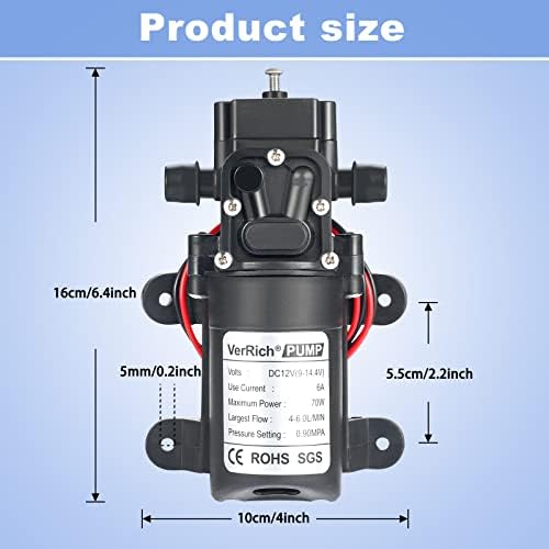 VerRich Diaphragm Pump 12V Water Pumps 70W Sprayer Pump Without Pressure Switch 6 L/Min 0.9MPA 131 PSI for RV Camper Marine Boat Garden