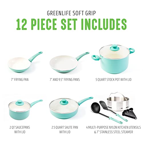 GreenLife Soft Grip Healthy Ceramic Nonstick 12 Piece Cookware Pots and Pans Set, PFAS-Free, Dishwasher Safe, Turquoise