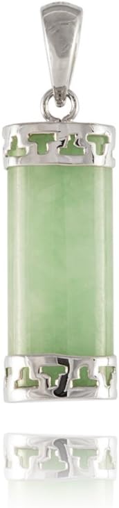 Shiny Rocks Light Green Jade Greek Key Capped Oval Column Pendant, 925 Sterling Silver