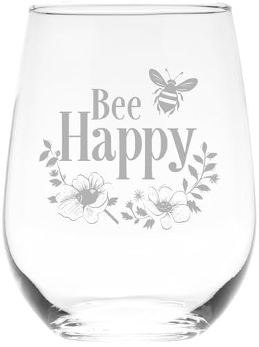 C M Bee Happy Floral Bee 17 oz Stemless Wine Glass, Flower Garden Design
