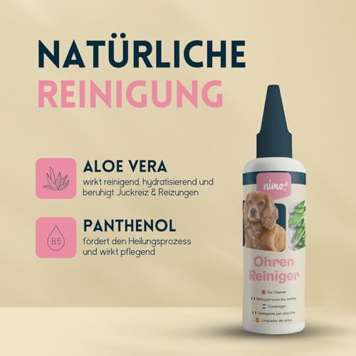 nimo® Ohrenreiniger | für Hunde, Katzen & Haustiere mit Aloe Vera & Panthenol | schonend natürliche Reinigung gegen Juckreiz, Infektionen, Ohrenschmalz, Entzündung & Ausfluss | minimiert Kopfschütteln