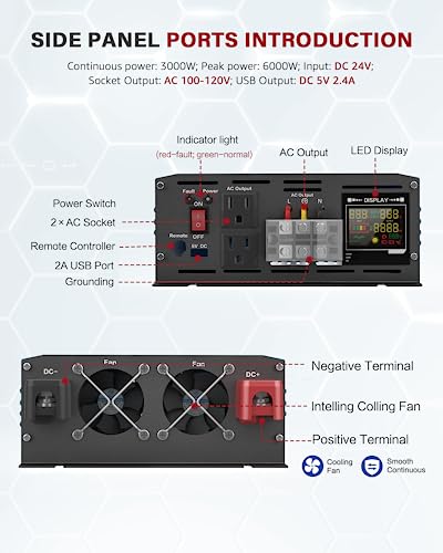 Lcymw 3000 Watt Inverter Pure Sine Wave 24V Dc To 110V Ac Power Inverters With 3 Ac Charger Outlets, Car Inverter Solar Power Inverters For Vehicles Home With Lcd Display And 2.4A Usb Charging Ports #TOP4