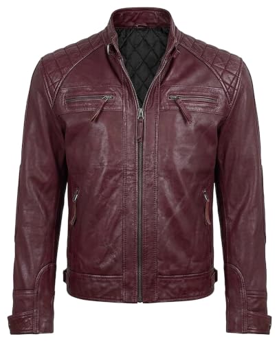 Image of Mens Vintage Retro Biker Cafe Racer Diamond Quilted Biker Jacket | Snap-Tab Collar with Adjustable Waist Genuine Leather Motorcycle Jacket