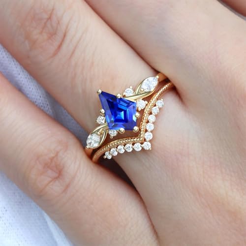 1.5ct/2ct Blue Saphire Wedding Ring Set for Women - Kite Cut Blue Saphire Bridal Sets Wedding Rings White Yellow Rose 10K 14K 18K Gold Sterling Silver Gem Art Deco Anniversary Promise Ring Set2