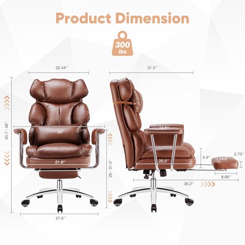 Image of Sweetcrispy Executive Home Office Desk Chair - Ergonomic Big Tall High Back with Footrest & Lumbar Support, Reclining Height Adjustable, Comfy PU Leather Computer Gaming with Swivel Wheels, Brown