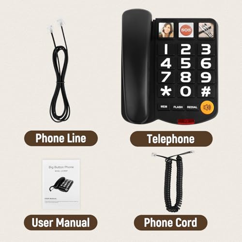 Awishwell Big Button Phone for Seniors, Corded Landline Phones for Seniors with 2 One-Touch Dialing Buttons, Landline Telephone with SOS Emergency Button/Loud Ringer-Black