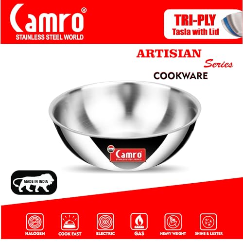 Image of Camro Tripro Triply Artisian Tasla | kadhai Without lid 12 NO 1.8 Liters Cook | Serve, for Deep-Fry | Saute | Stir-Fry | Mixing Desserts Gravy, Induction Friendly & Gas Ready, 6-Year Warranty