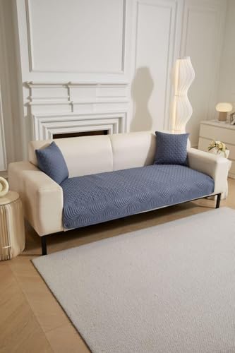 Image of HOMETHREADS Premium Cotton Sofa Cover Mat with PVC Backing for Non-Slip Comfort (Blue, 3 Seater | 70x180cm)