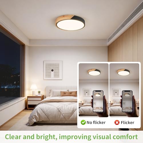 Image of 11.8 Inch Wood LED Flush Mount Ceiling Light 4500K, Black