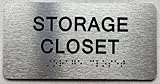 STORAGE CLOSET sign with Raised letters/Image & Grade 2 Braille - Includes Red Adhesive pad for Easy Installation (4' W x 8' H,Brushed Aluminum/silver, Tacticle Sign) - The park Ave Line