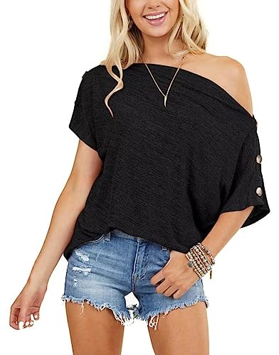 INFITTY Womens Off Shoulder Tops Casual Summer Loose Button Down Short Sleeve Shirt Tunic Blouse3