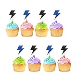 24pcs Lightning Cupcake Toppers, Lightning Bolt Cupcake Toppers, Black&Blue Glitter Weather Cake Decoration for Baby Shower, Lightning Weather Themed Birthday Party Supplies