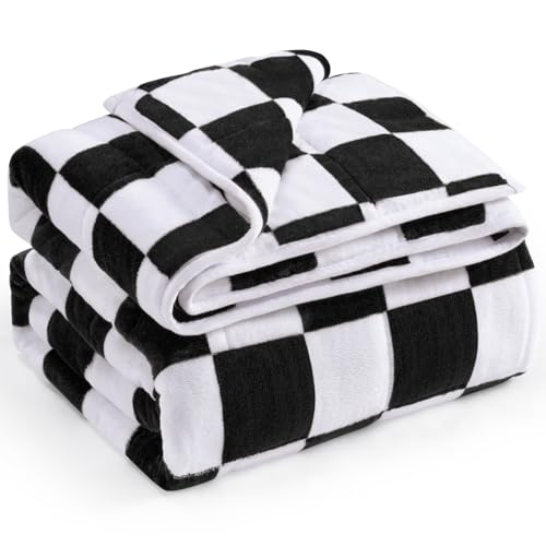 Wemore Flannel Fleece Weighted Blanket for Adult Queen Size 20 lbs, Dual Sided Luxurious Checkerboard Grid Heavy Blankets, Ultra Soft Throw Blanket, Plaid Black, 60 x 80 inches