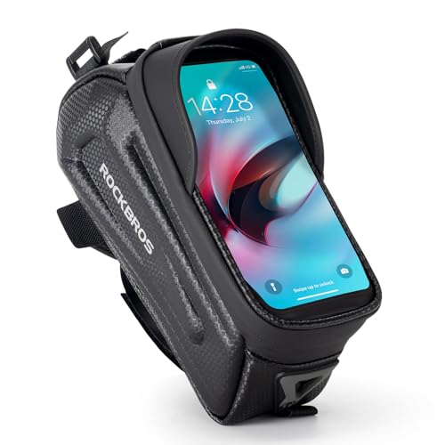 Image of ROCKBROS Bike Phone Mount Pouch - EVA Waterproof Bicycle Accessories Holder, Top Tube Front Frame Handlebar Bag Compatible With Phones Under 6.8 inch