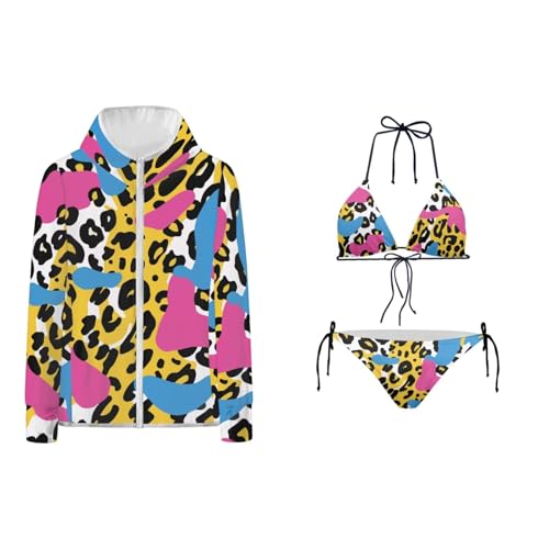 Glomenade Funny Leopard Print Triangle Bikini for Women 3 Piece Halter Swim Sets Fashion Sexy Bathing Suit Sun Protection Shirts for Beach Swimsuit