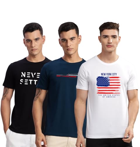 Image of ADRO 100% Cotton Lycra Tshirts for Men Combo Pack of 3 | Regular Fit | Printed T Shirt | Round Neck Half Sleeve| Mens Tshirts