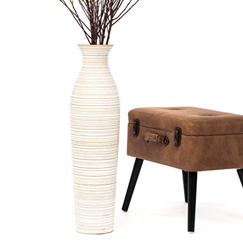 Leewadee Große Bodenvase für Dekozweige hohe Standvase Design Holzvase, Holz, 70 cm, White wash Cover