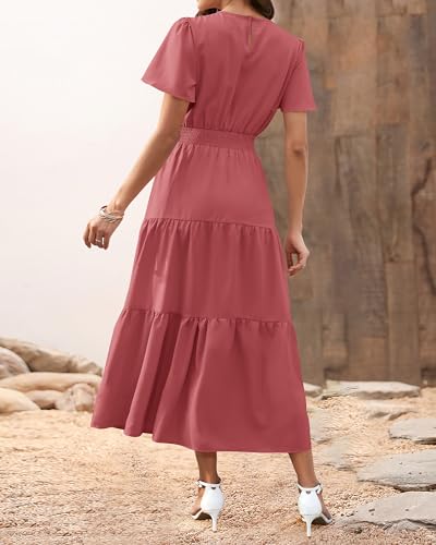 Image of PRETTYGARDEN Women's Casual Smocked Boho Floral A-Line Maxi Dress 2026 | Summer Short Flutter Sleeve Crewneck Tiered Long Sundress,Fall Wedding Guest Dresses,Spring Cute Flowy Beach Vacation Clothes