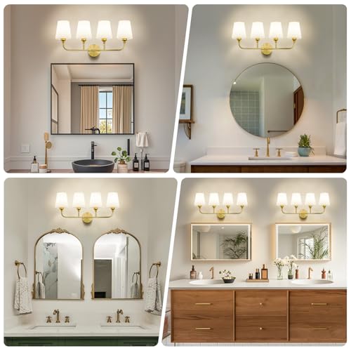 Image of Bathroom Vanity Light, Brushed Gold Bathroom Lighting Fixtures Over Mirror | 4-Light Bathroom Light Fixtures with Flared White Fabric Shade, E26 Socket (ETL Listed)