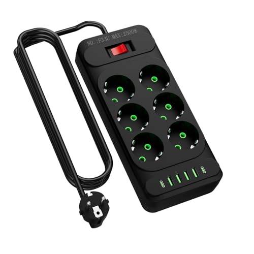 Regleta de esquina con USB y tipo C, 3/4/6/8 enchufes con interruptor, regleta con protección contra sobretensiones con cable de 2 m para cocina (6 compartimentos)