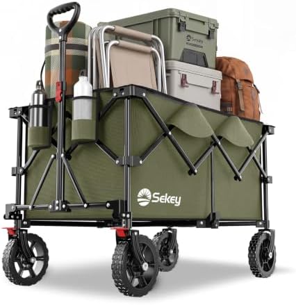 Sekey XXL Plus 4010 Bollerwagen Faltbar 200L 200KG Geländereifen | Faltbollerwagen 17x4 cm Räder mit Bremse Handwagen, Patentiert 4-Wege-Sofortaufbau Transportwagen, Olivgrün
