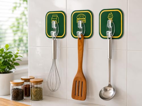 Image of 6 PCS Self Adhesive Wall Hooks Heavy Duty Waterproof Oil Proof No Drill Wall Hanger for Bathroom Kitchen Office Bedroom Coat Towel Keys Bags (6 Pcs, Green Color)