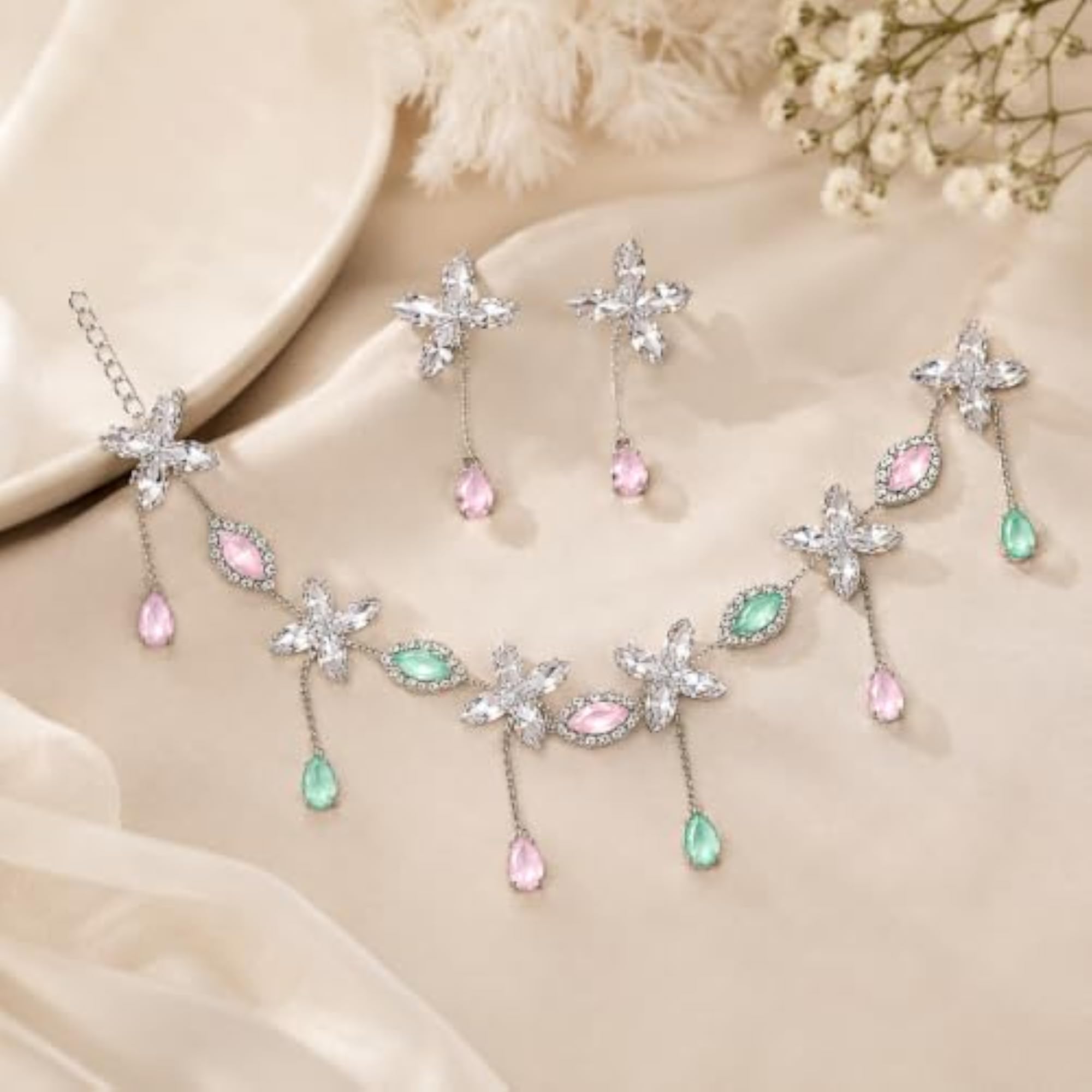 Floral Necklace and Earrings Set with Pink & Green Pastel